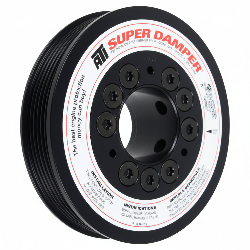 Super Damper ATD pulley with black and white design on a white background